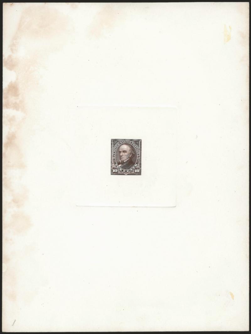 10c Sepia, Ty. II, Large Die Trial Color Proof on India (283TC1).>On 151 x 201mm card with full die sinkage, rich color, card with some soiling, otherwise Very Fine, an attractive trial color proof, ex Earl of
Crawford