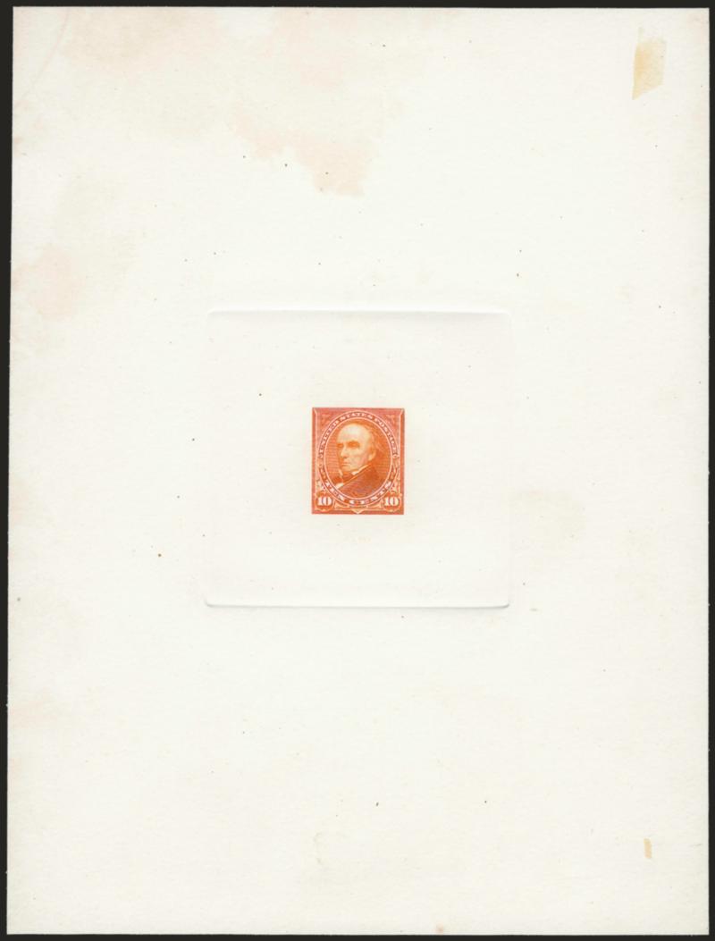 10c Orange, Ty. II, Large Die Trial Color Proof Printed Directly on Card (283TC1 var).> 145 x 191mm with full die sinkage, bright color which we would more accurately describe as Yellowish Orange, card with some
slight soiling, Very Fine, Scott Retai