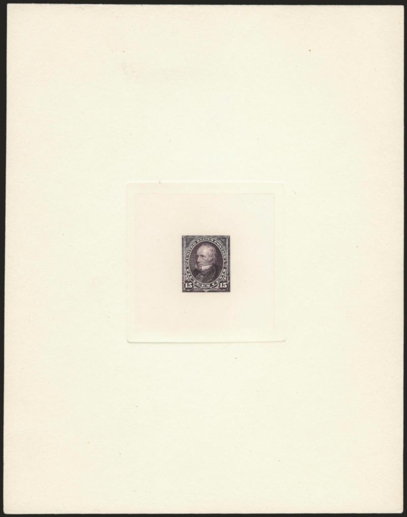 15c Dark Violet, Large Die Trial Color Proof on India (259TC1).> On 152 x 199mm card with full die sinkage, deep rich color, blue 325542 control no. on back, Very Fine and choice, a stunning large die trial
color proof, ex Roosevelt and unique in t