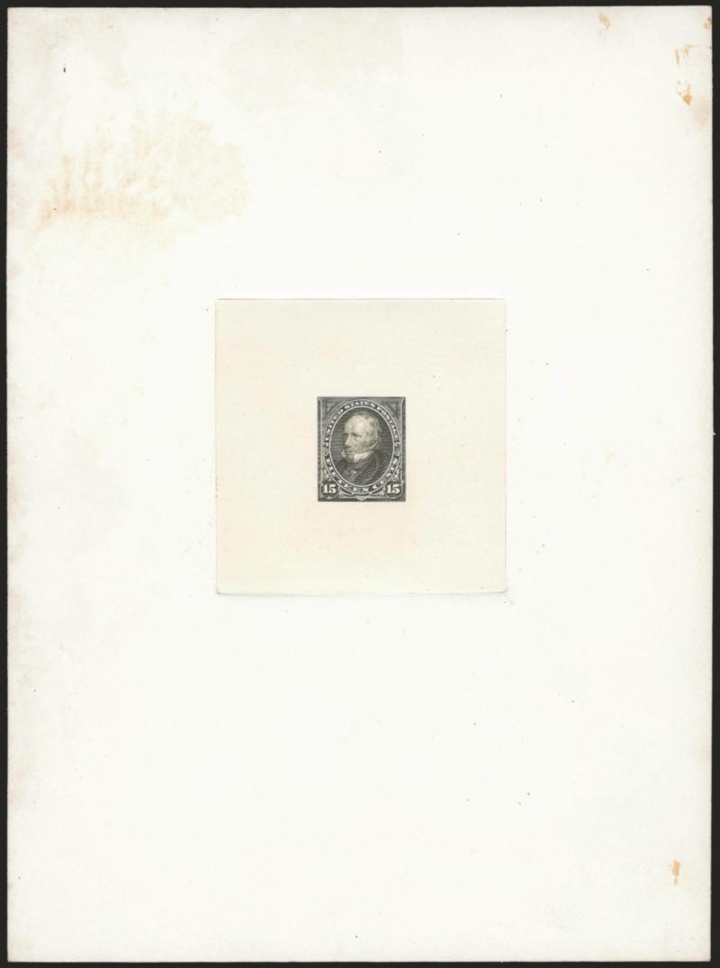 15c Greenish Black, Large Die Trial Color Proof on India (284TC1).> On 151 x 203mm card with full die sinkage, bright shade, albino impression of American die no. and imprint, partially complete strike of red
Received Third Asst. P.M. Genl. P.O.D. D