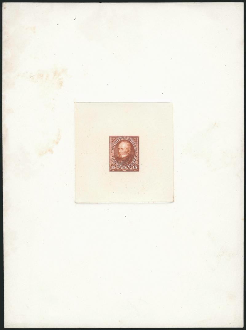15c Deep Orange Brown, Large Die Trial Color Proof on India (284TC1).> On 150 x 202mm card with full die sinkage, bright shade, albino impression of American die no. and imprint, partially complete strike of red
Received Third Asst. P.M. Genl. P.O.D