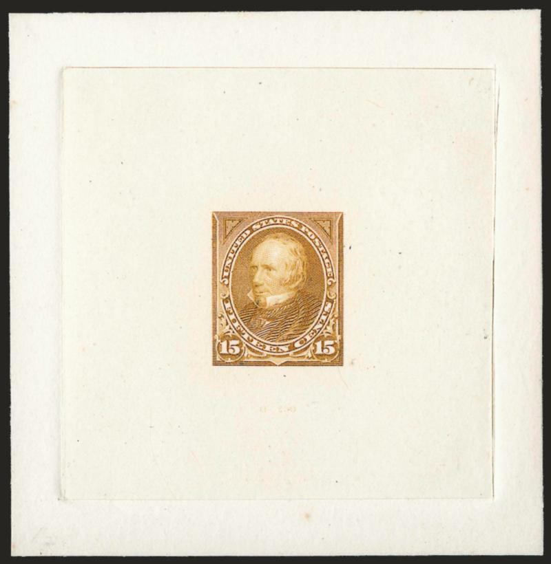 15c Brown Ochre, Large Die Trial Color Proof on India (284TC1).> On 76 x 78mm card with full die sinkage, brilliant color, albino impression of American die no. and imprint, Very Fine and choice, very rare,
Scott Catalogue lists only Red Violet as a