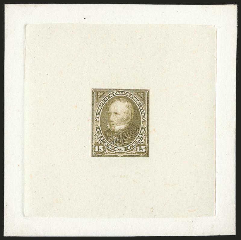15c Yellowish Olive, Large Die Trial Color Proof on India (284TC1).> On 75 x 75mm card with full die sinkage, bright color which is in the same family but still significantly different than the issued color,
albino impression of American die no. and