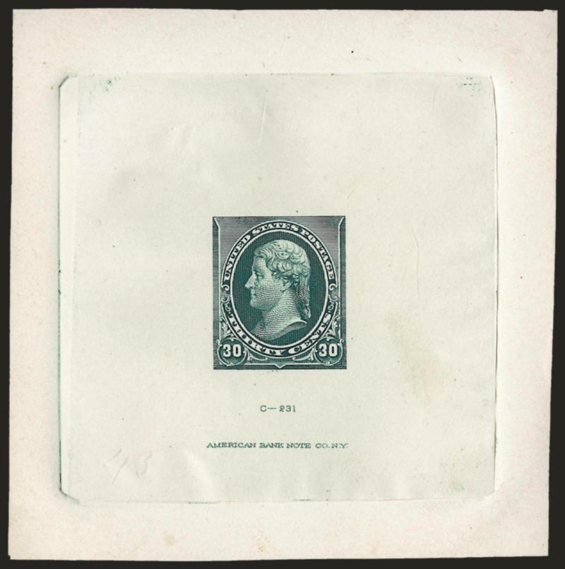 30c Blue Green, Large Die Trial Color Proof on India (228TC1).> On 78 x 80mm card with full die sinkage, American die imprint at bottom, fresh and Very Fine, this was likely pulled by the B.E.P. from the
original American Bank Note Co. die before alt