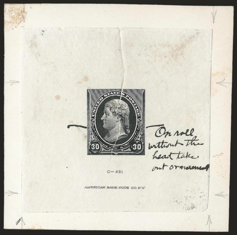 30c Black, Large Die Essay for 50c on India (260-E1).> On 77 x 77mm card, ms. instructions <<On roll without the head take out ornament>>, American die imprint at bottom, spelling-out of denomination at bottom
also crossed out, India torn prior to