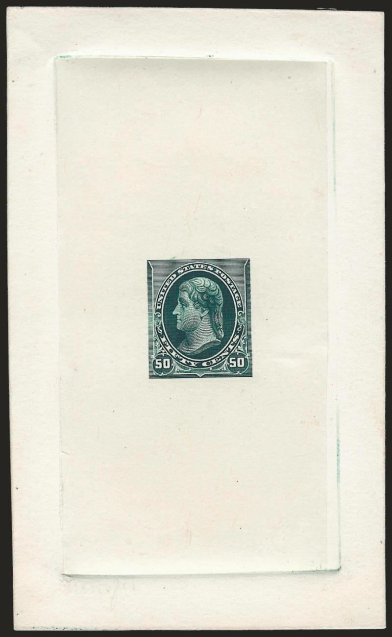 50c Green, Large Die Essay on India (260-E2).> On 70 x 115mm card with full die sinkage, deep rich color, with denomination changed from the 30c of the 1890 Issue to 50c but without triangles added to the
corners<><>^VERY FINE. THIS REMARKABLE ESSA