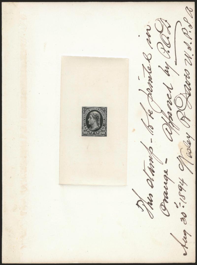 50c Black, Large Die Trial Color Proof on India (260TC1).> On 146 x 196mm card with full die sinkage, ms. <<This stamp to be printed in Orange -- Approved by P.O.D. Aug. 30th 1894, Wesley R. Davis U.S.P.S.A.>>,
trace of presentation binding at left