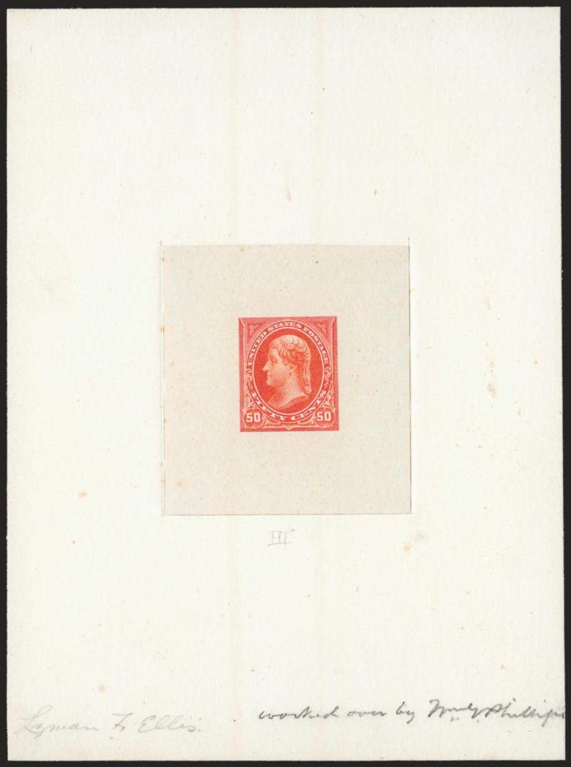 50c Orange, Large Die Proof on India (260P1).> On 118 x 147mm card with full die sinkage, vibrant color, pencil <<Lyman T. Ellis>> at lower left and pencil <<worked over by Wm. H. Phillips>> at lower right, some
slight toning, otherwise Very Fine