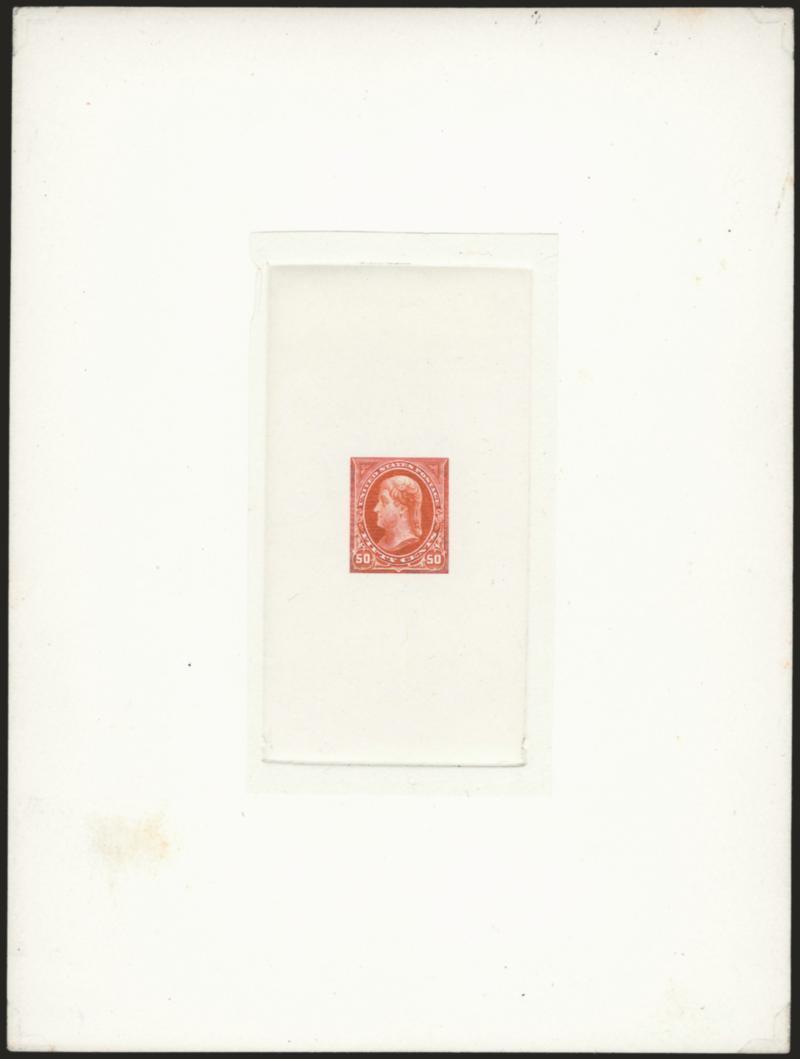 50c Orange, Large Die Proof on India (260P1).> On 152 x 201mm card with full die sinkage, vertical die sinkage area, deep rich color, slightly different from issued design with circles around value tablets
impinging on oval, card with small toned spo