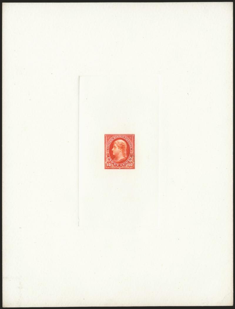 50c Orange, Large Die Proof Printed Directly on Card (260P1 var).> 146 x 193mm with vertical full die sinkage area, vibrant color, fresh and Very Fine, with 1991 P.F. certificate describing this as an essay, we
feel this should be classified as a pro