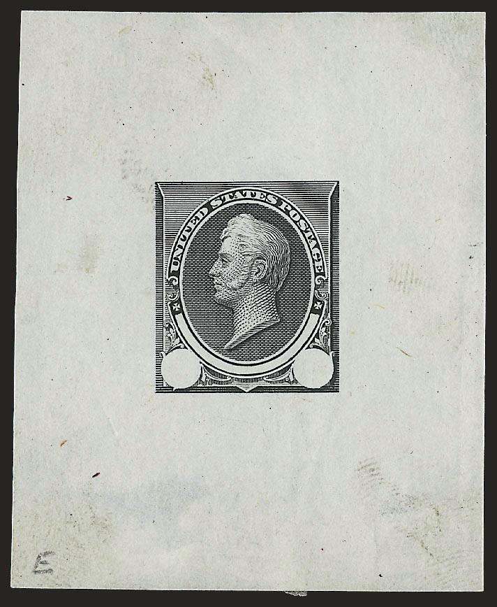 $1.00 Black, Large Die Essay on India (261-E1).> 49 x 60mm, with blank value tablets and without triangles at top corners, bright shade, thion spot at bottom and trivial soiling<><>^VERY FINE. A STUNNING ESSAY
FOR THE $1.00 1894 BUREAU ISSUE, WITHO