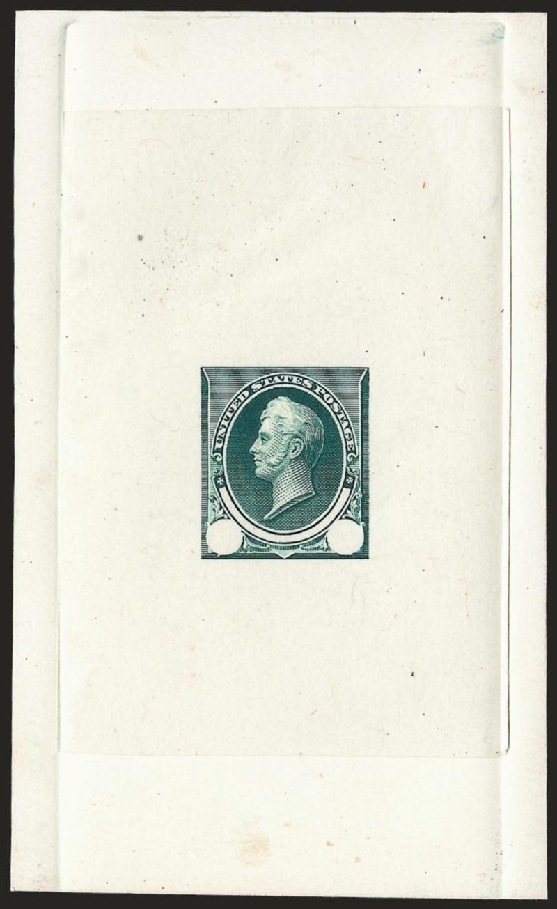 $1.00 Blue Green, Large Die Essay on India (261-E2).> On 61 x 101mm card, rich color, similar to the previous lot but with head further re-engraved and deeper background lines<><>^VERY FINE. A GORGEOUS ESSAY FOR
THE $1.00 1894 BUREAU ISSUE, WITHOUT