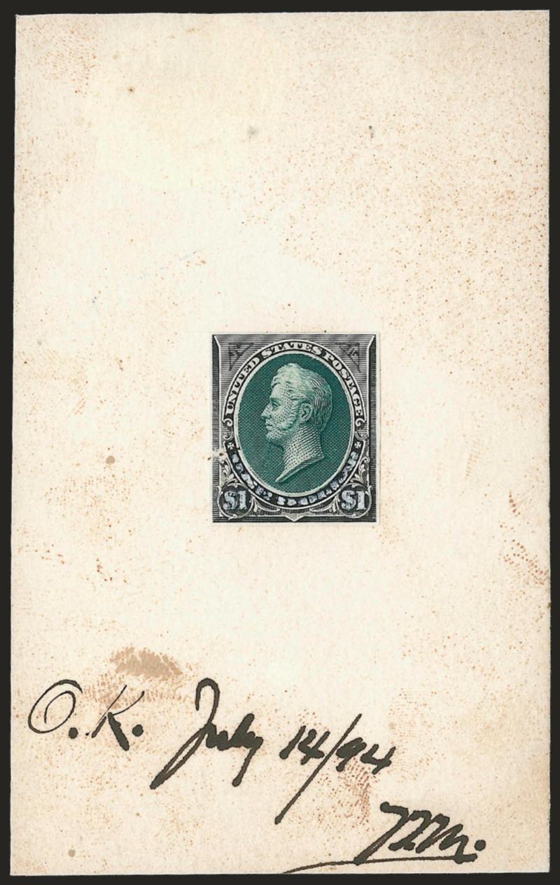 $1.00 Black & Blue Green, Paste-Up Essay on India (261-E3).> Cut close and mounted on 63 x 102mm card, underlying design has vignette printed in same color as frame and also with denominations in ink. also with
same vignette printed in green and past