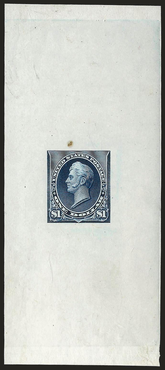$1.00 Dark Indigo Blue, Large Die Essay on India (261-E4).> 48 x 109mm, rich color, without triangles but with denomination engraved, small toned spot at top clear of design, otherwise Very Fine, a very rare
essay, ex Brazer