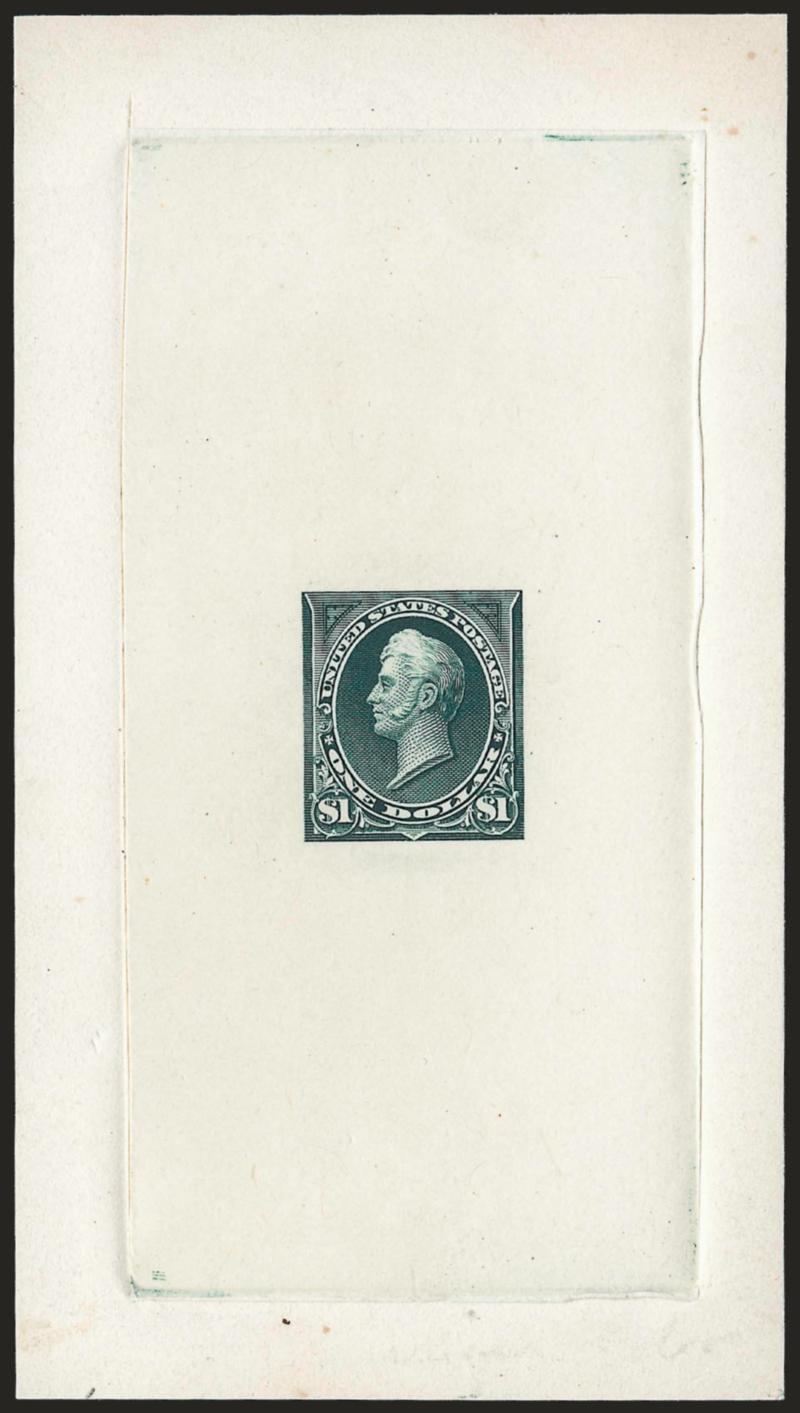$1.00 Blue Green, Large Die Essay on India (261-E4A).> On 67 x 122mm card with full die sinkage, with triangles at corners but also with unusual white horizontal space above each numeral at bottom, intense
color<><>^VERY FINE AND CHOICE. THIS IS TH