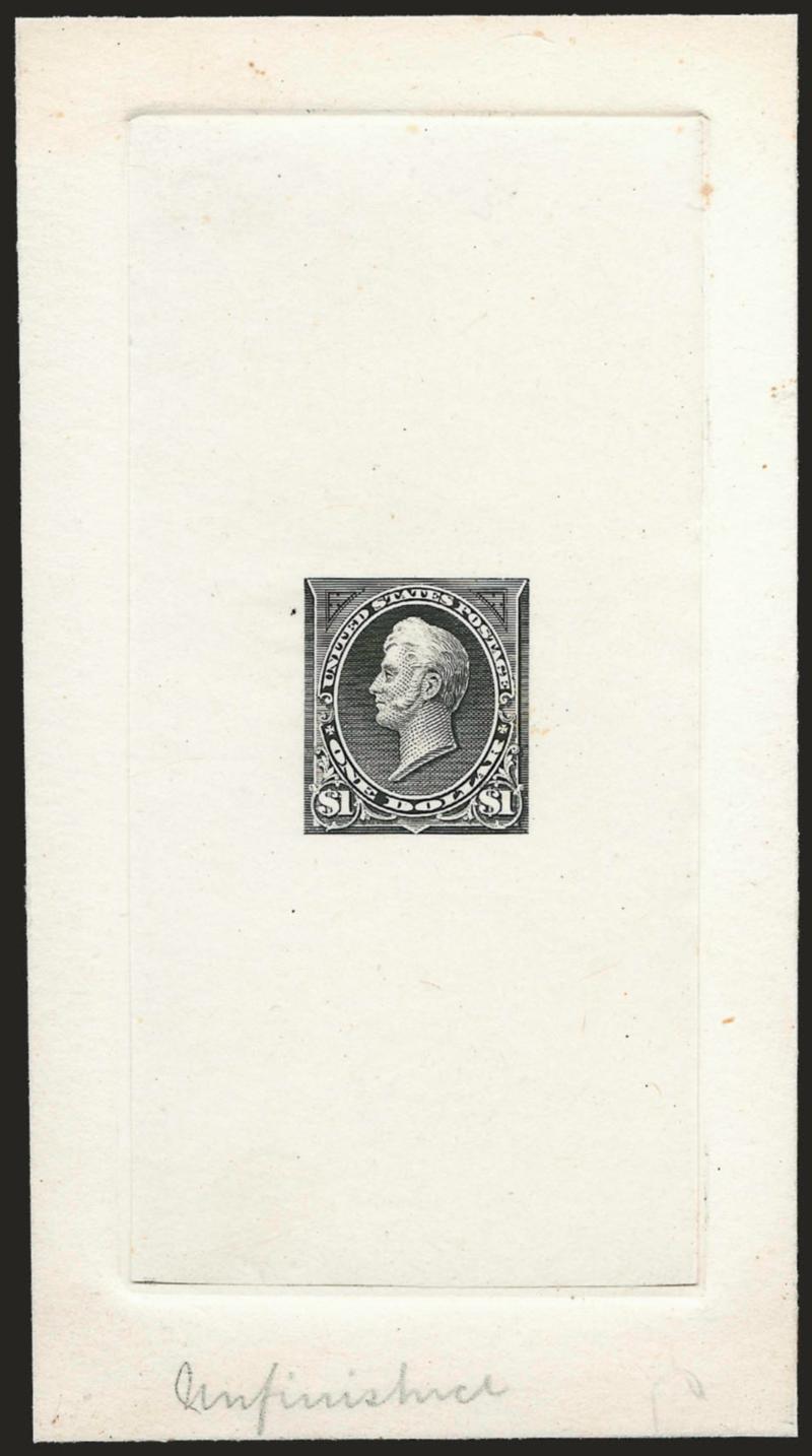 $1.00 Black, Large Die Essay on India (261-E5).> On 66 x 121mm card with full die sinkage, bright shade, with triangles engraved but with other parts of the design incomplete, pencil <<Unfinished>> at bottom on
card, Very Fine,an attractive essay,