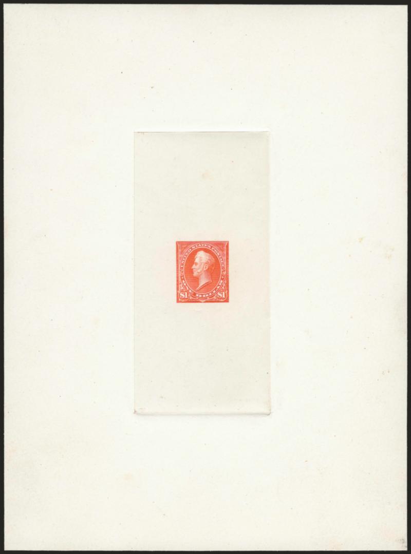 $1.00 Bright Orange, Ty. II, Large Die Trial Color Proof on India (261ATC1).> On 146 x 197mm card with full die sinkage, vertical die sinkage area, vibrant color, Very Fine and choice, a beautiful trial color
proof