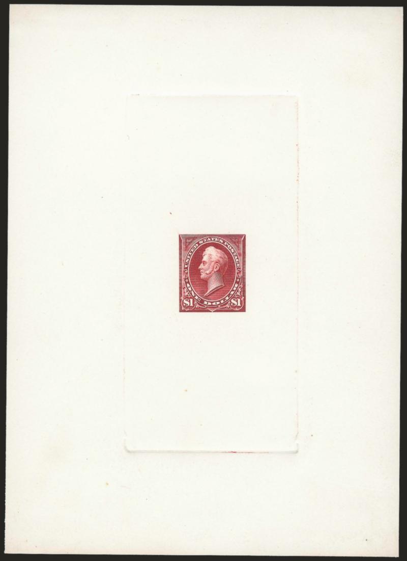 $1.00 Lake, Ty. II, Large Die Trial Color Proof Printed Directly on Card (261ATC1).> On 112 x 155mm card with full die sinkage, deep rich color and gorgeous impression, Very Fine and choice, a beautiful trial
color proof, probably from the April 23,