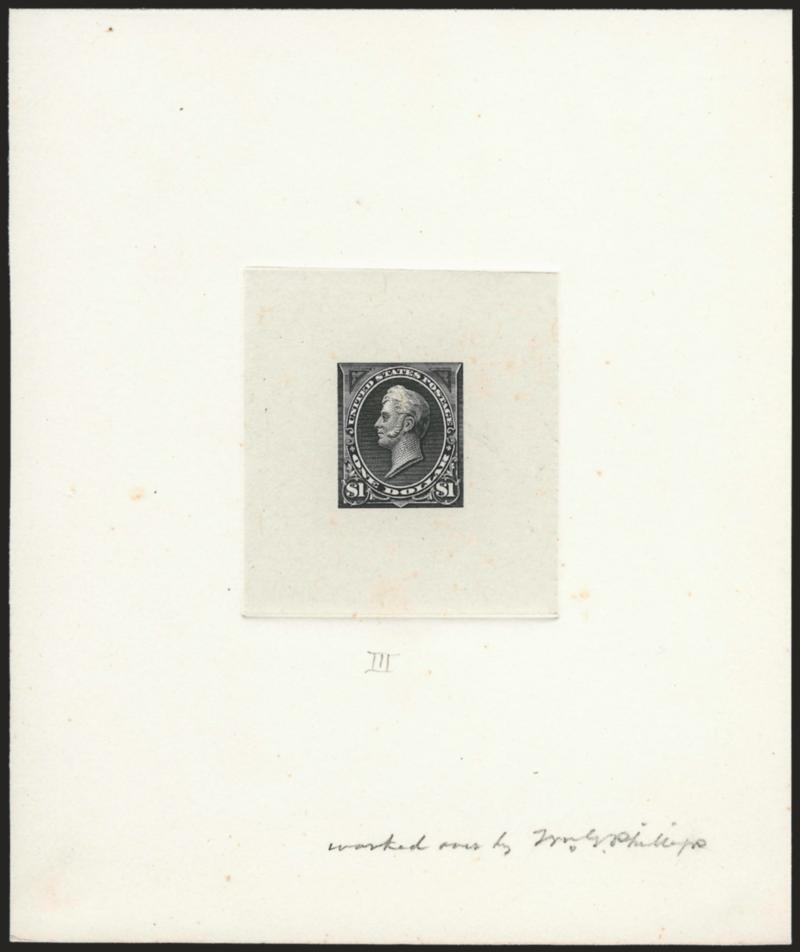 $1.00 Black, Ty. II, Large Die Proof on India (261AP1).> On 118 x 142mm card with full die sinkage, intense shade and impression, pencil <<worked over by Wm. H. Phillips>> at lower right, few small age spots,
Very Fine, ex Brazer where offered as a