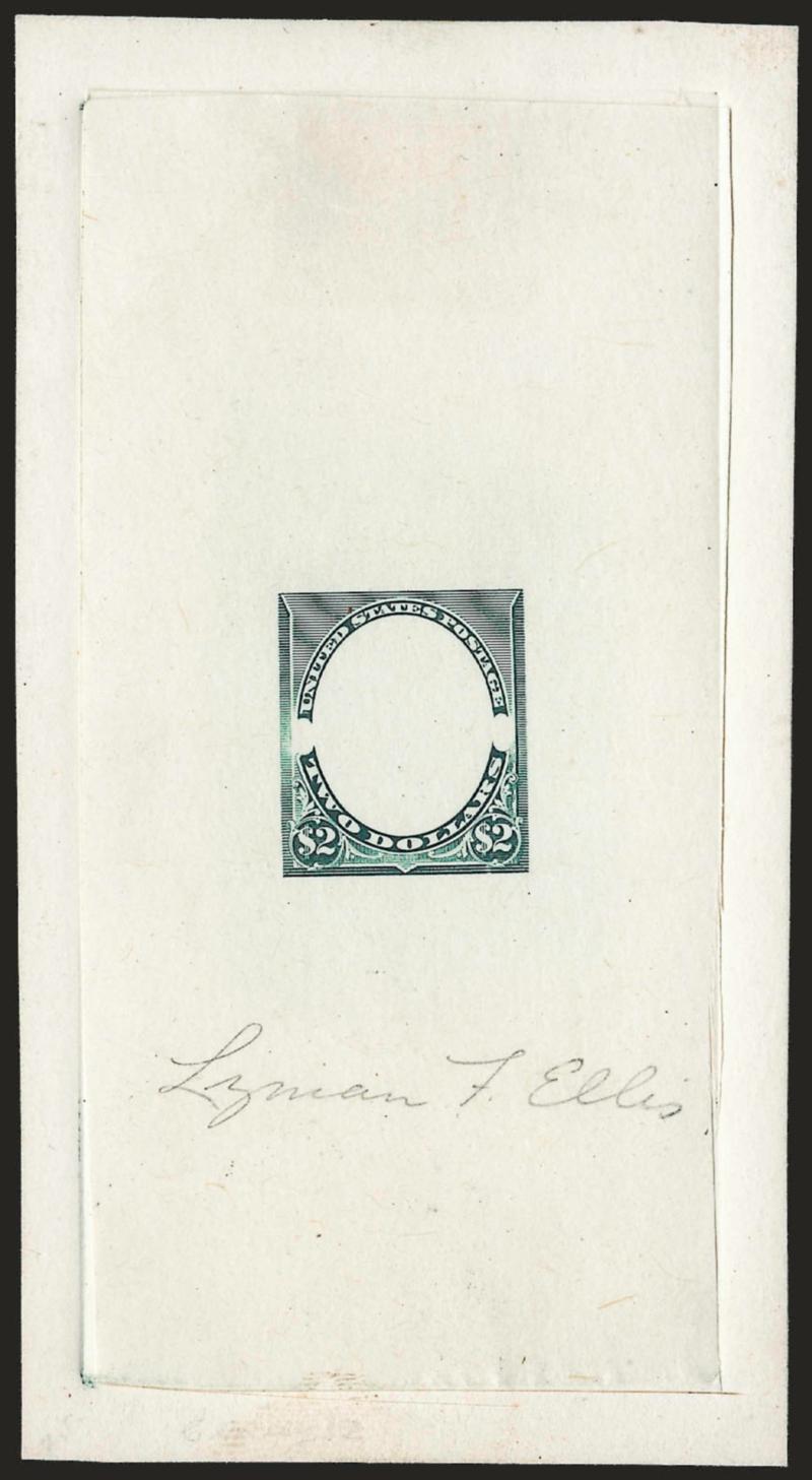$2.00 Blue Green, Frame Only Large Die Essay on India (262-E1).> On 61 x 112mm card with full die sinkage, bright color, denominations smaller than adopted and without corner triangles, signed in pencil <<Lyman
T. Ellis>><><>^VERY FINE AND CHOICE