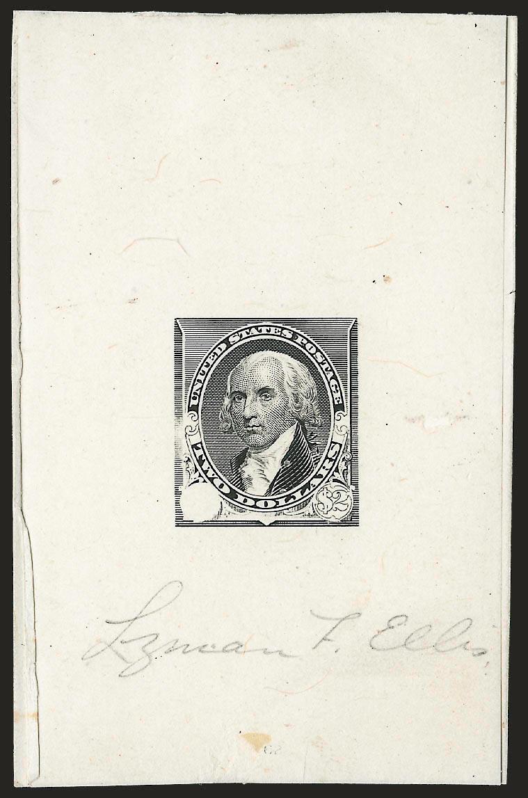 $2.00 Black, Large Die Essay on India (262-E2).> On 52 x 81mm card, with denomination blank at left and engraved outline only at right and without corner triangles, signed in pencil by the engraver, Lyman F.
Ellis, small flaw on India at right well a