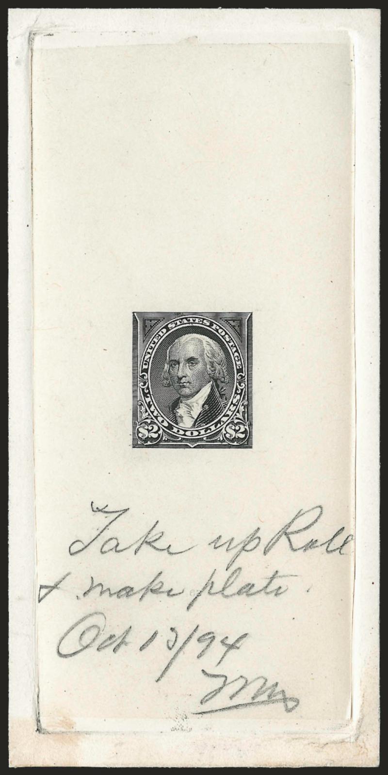 $2.00 Black, Large Die Essay on India (262-E3).> On 59 x 122mm card with full die sinkage, crisp impression, with triangles added for the first time and with denominations more fully engraved in the size as
issued, pencil instructions to <<Take up r