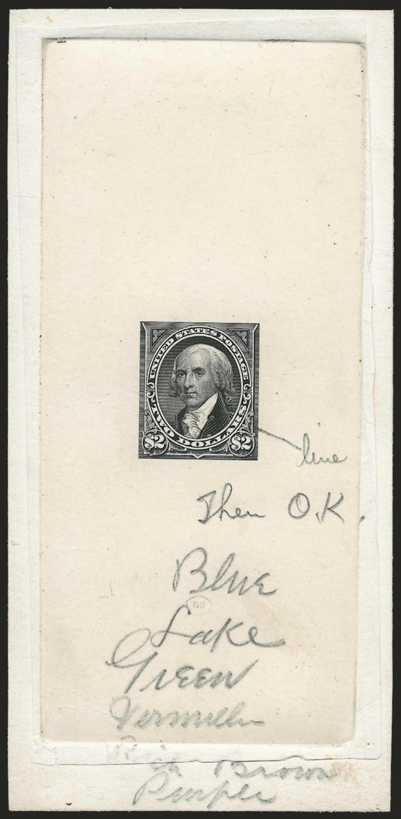 $2.00 Black, Large Die Essay on India (262-E4).> On 62 x 128mm card with full die sinkage, printed 62 below design for die no., bright shade, pencil instructions <<line>> and also <<Then O.K. Blue Lake Green
Vermilion Rich Brown Purple>>, fresh