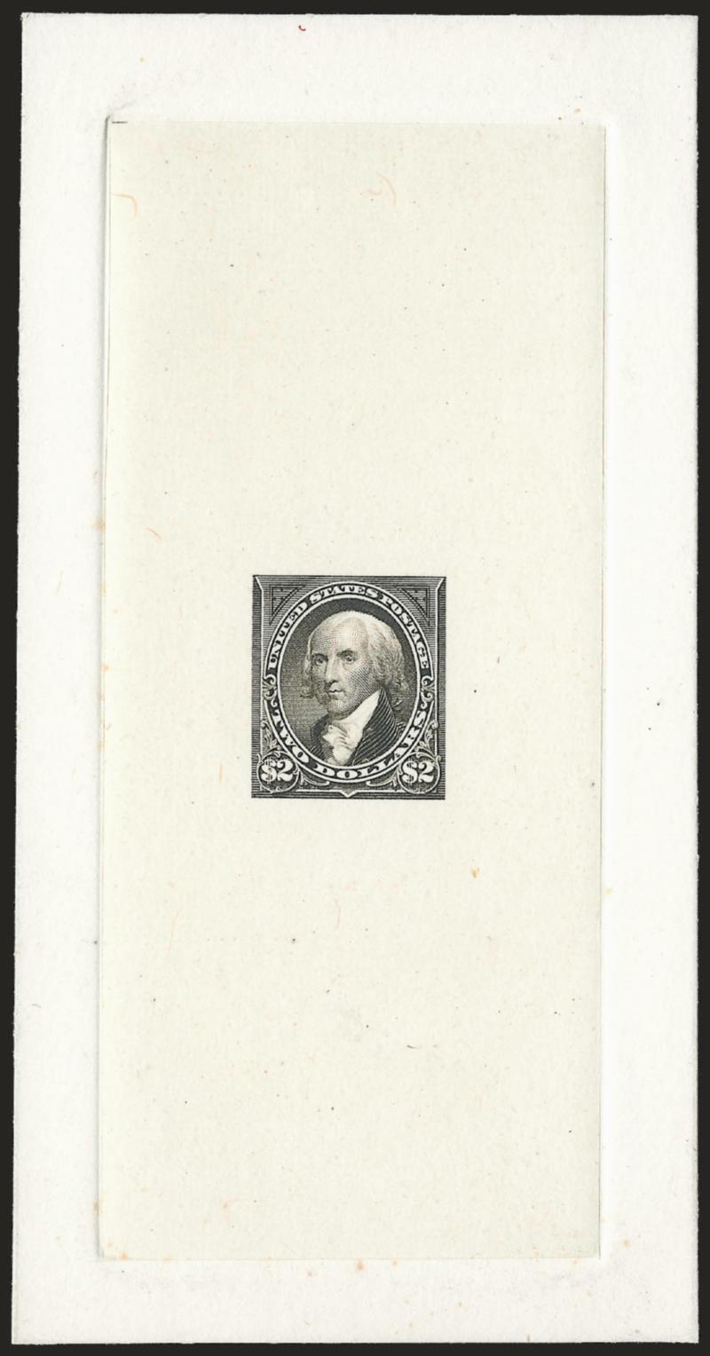 $2.00 Grayish Black, Large Die Trial Color Proof on India (262TC1).> On 67 x 131mm card with full die sinkage, bright shade, Very Fine and choice, Scott Catalogue lists Black and Greenish Black, neither of which
we feel correctly identifies this shad
