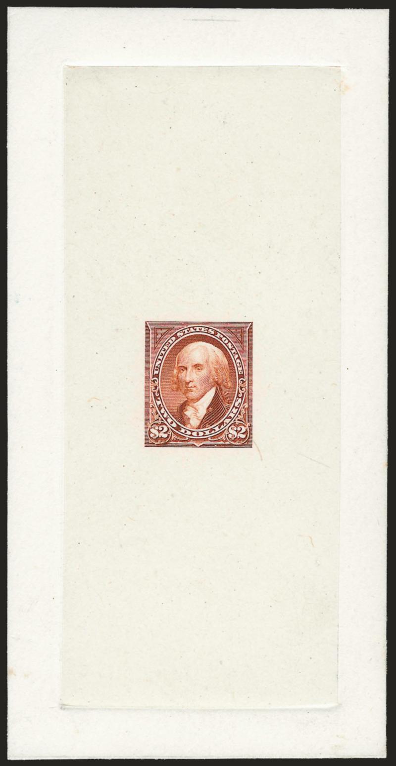 $2.00 Orange Brown, Large Die Trial Color Proof on India (262TC1).> On 67 x 132mm card with full die sinkage, faint trace of albino 62 at bottom from die imprint, rich color, Very Fine and choice, very
scarce