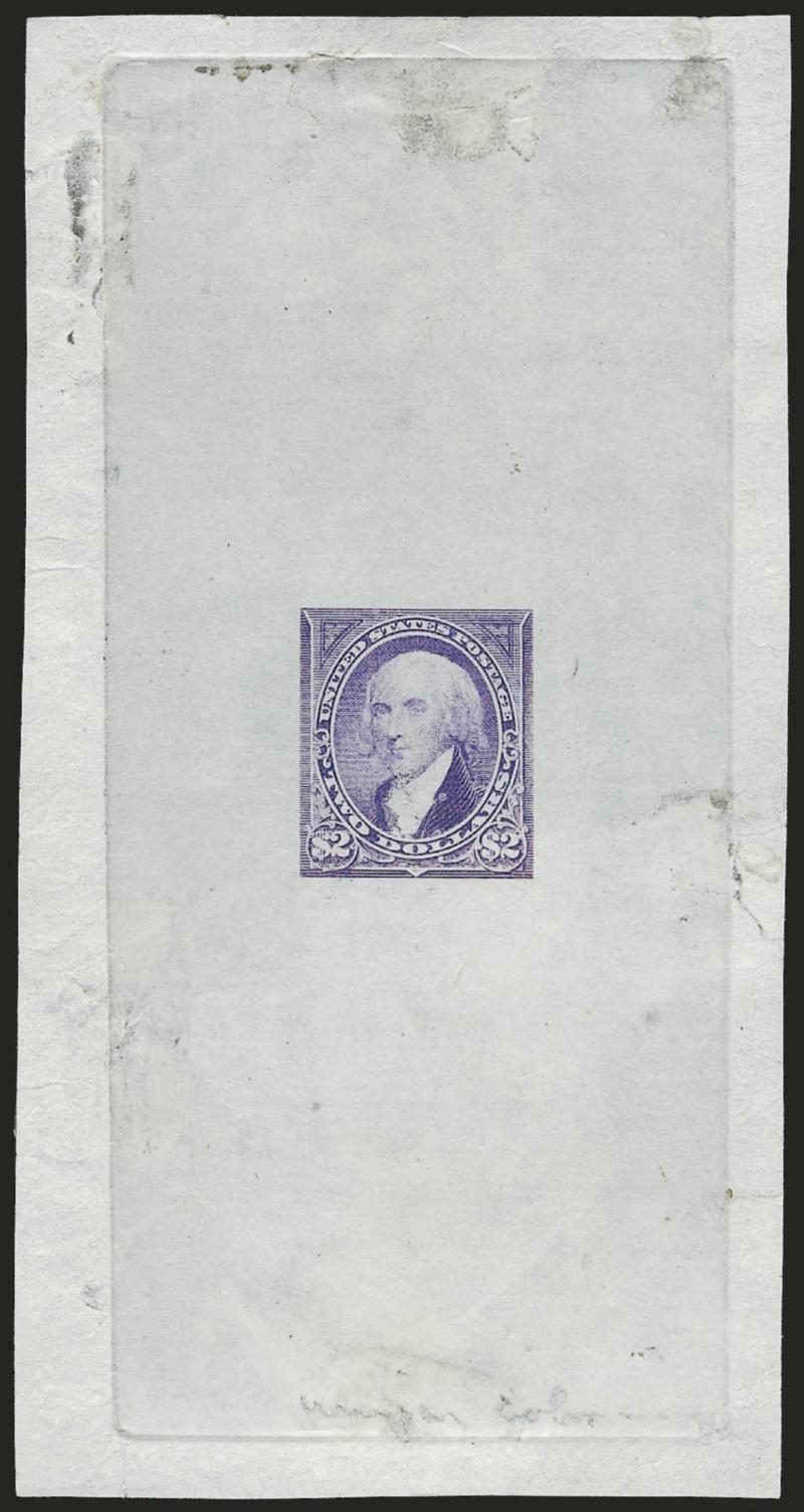 $2.00 Violet, Large Die Trial Color Proof on India (262TC1).> 63 x 121mm with full die sinkage, bright color, faint trace of albino 62 at bottom from die imprint, few thin spots and soiling caused when removed
from card, otherwise Very Fine, scarce
