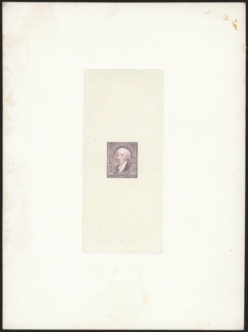 $2.00 Dull Violet, Large Die Trial Color Proof on India (262TC1).> On 150 x 202mm card with full die sinkage, vertical die sinkage area, faint trace of albino 62 at bottom from die imprint, partial strike of red
(Dec.) 24, 1897 P.O.D. double-circ