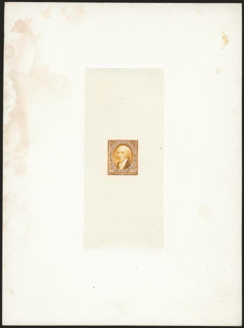 $2.00 Brown Ochre, Large Die Trial Color Proof on India (262TC1).> On 150 x 202mm card with full die sinkage, vertical die sinkage area, faint trace of albino 62 at bottom from die imprint, partial strike of red
? 24, 1897 P.O.D. double-circle da