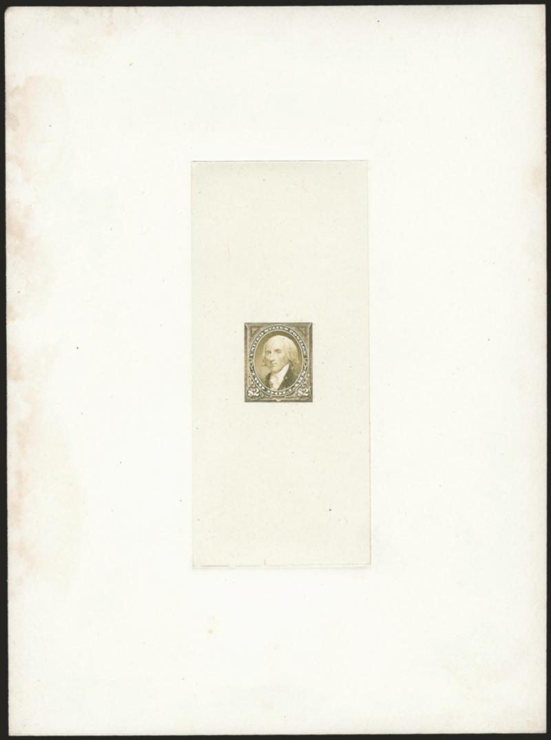 $2.00 Olive Green, Large Die Trial Color Proof on India (262TC1).> On 150 x 202mm card with full die sinkage, vertical die sinkage area, faint trace of albino 62 at bottom from die imprint, partial strike of red
Dec. 24, 1897 P.O.D. double-circle