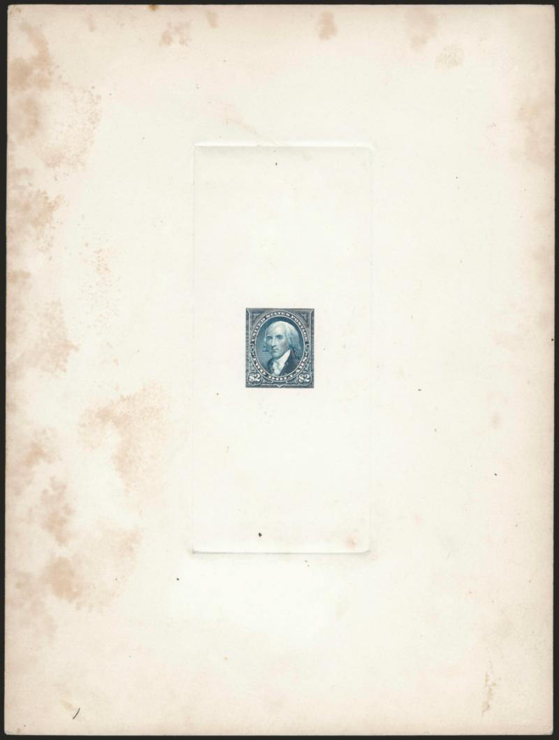 $2.00 Turquoise Blue, Large Die Trial Color Proof Printed Directly on Card (262TC1).> On 152 x 201mm card with full die sinkage, vertical die sinkage area, faint trace of albino 62 at bottom from die imprint,
card and edge of India stained, otherwi
