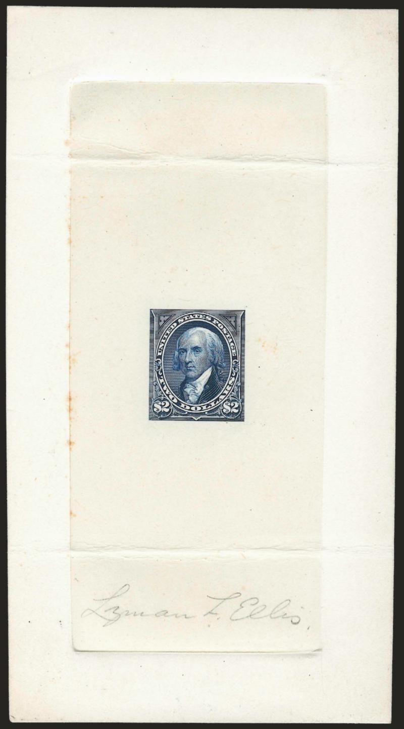 $2.00 Dark Blue, Large Die Proof on India (262P1).> On 78 x 142mm card with full die sinkage, vertical die sinkage area with albino 62 die no. at bottom, signed in pencil <<Lyman T. Ellis>> at bottom, horizontal
creases well away from design, oth