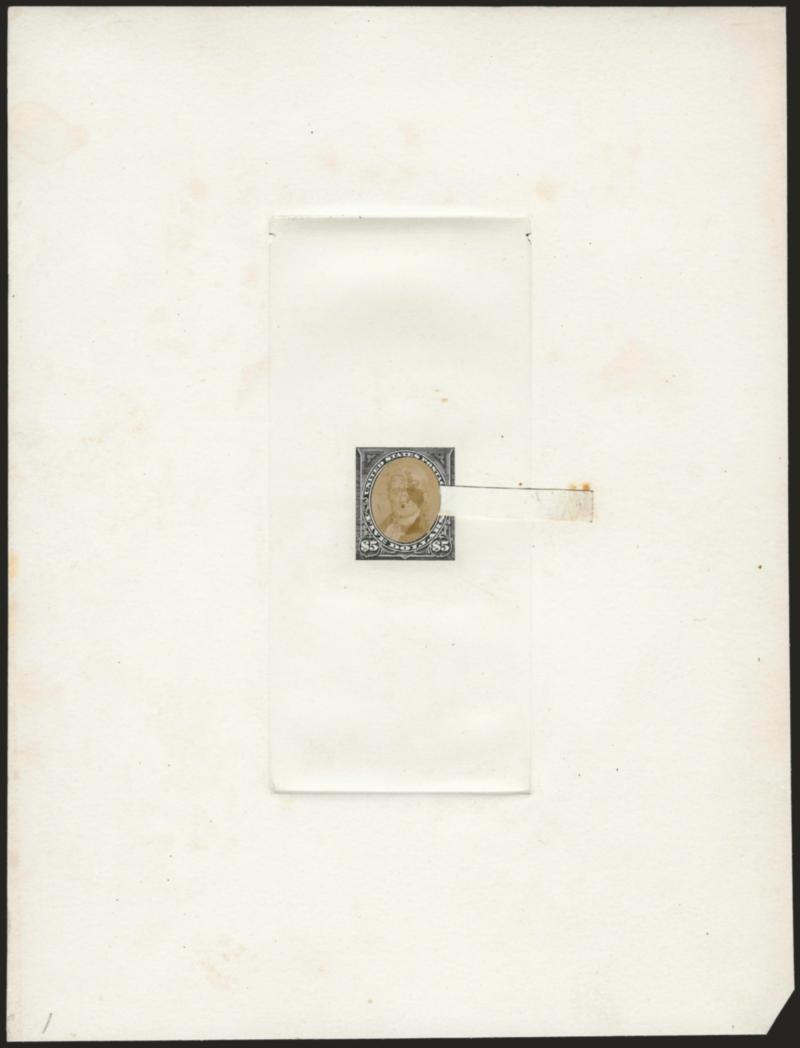 $5.00 Black, Large Die Essay Printed Directly on Card (263-E1 var).> 153 x 200mm with full die sinkage, showing complete design but with <photographic portrait> of Marshall affixed in place of vignette using an
early version of a hinge, bottom right