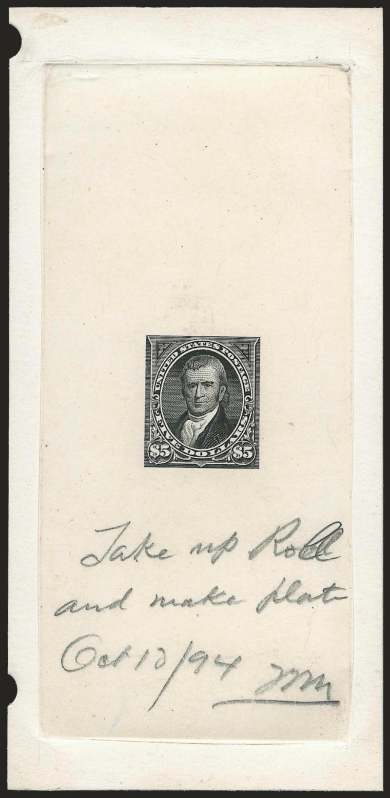 $5.00 Black, Large Die Essay on India (263-E1).> On 68 x 131mm card with full die sinkage, bright shade, pencil instructions to <<Take up roll and make plate Oct. 1094 TFM>>, part of punch holes at far left edge
of card, Very Fine, an extremely ra