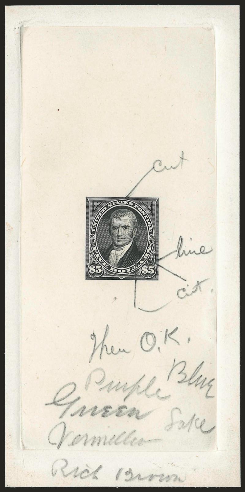 $5.00 Black, Large Die Essay on India (263-E2).> On 62 x 128mm card with full die sinkage, pencil instructions for touching up the design incl. cut and line, also with ms. instructions <<When O.K. Blue, Purple,
Green, Lake, Vermilion, Rich Brown