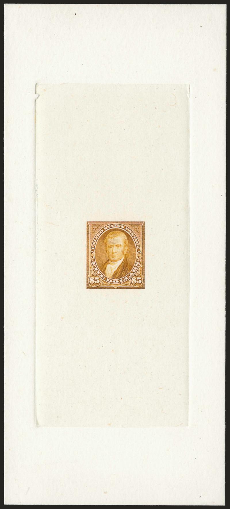 $5.00 Orange Brown, Large Die Trial Color Proof on India (263TC1).> On 72 x 164mm card with full die sinkage, partially inked 63 die no. at bottom, radiant color, fresh and Very Fine, scarce