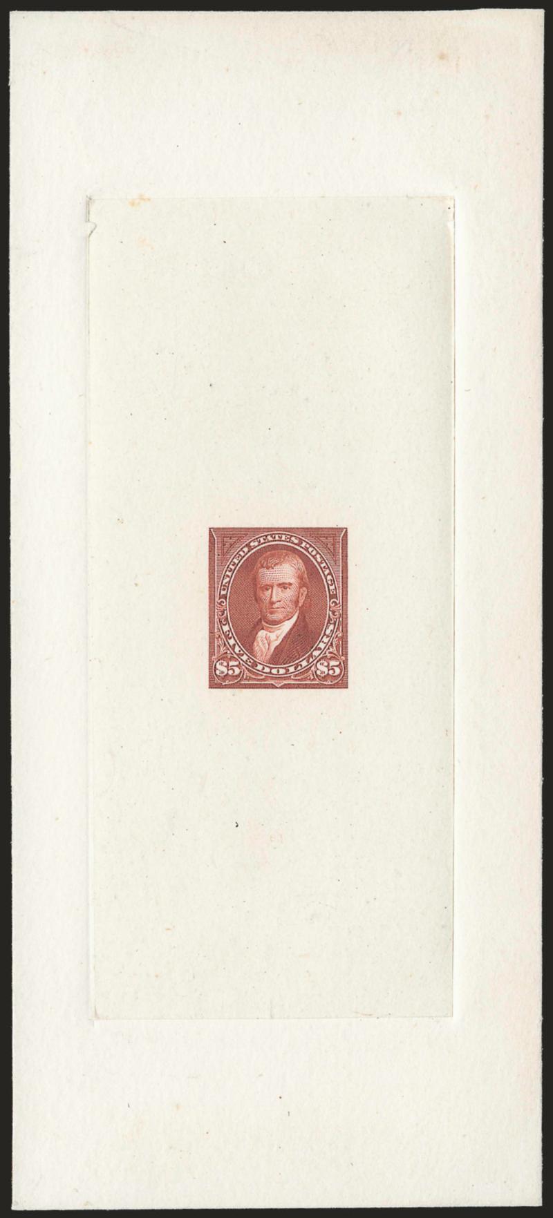 $5.00 Brown Red, Large Die Trial Color Proof on India (263TC1).> On 72 x 164mm card with full die sinkage, brilliant color, Very Fine and choice, a beautiful Trial Color Proof, this looks more like Chestnut to
us but we have classified it according t