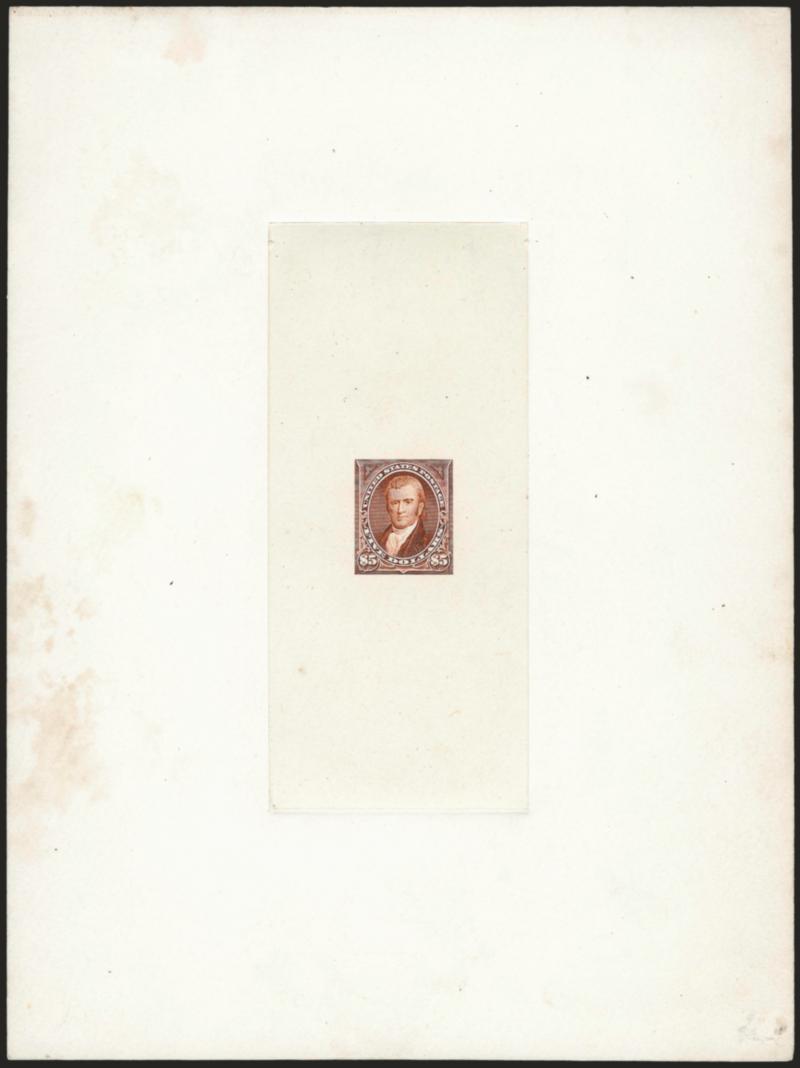 $5.00 Red Brown, Large Die Trial Color Proof on India (263TC1).> On 151 x 202mm card with full die sinkage, faint albino impression of 63 die no. at bottom, mostly complete strike of red Received Third Asst.
P.M. Genl. P.O.D. Dec. 24, 1897 double
