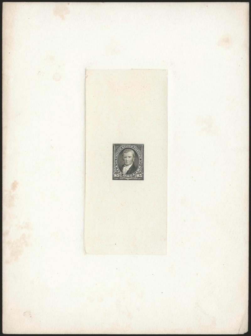 $5.00 Gray Black, Large Die Trial Color Proof on India (263TC1).> On 150 x 202mm card with full die sinkage, trace of albino 63 die no. at bottom, red Received Third ...Genl. P.O.D. Dec. 24, 1897 double-circle
datestamp on back, card with some sl