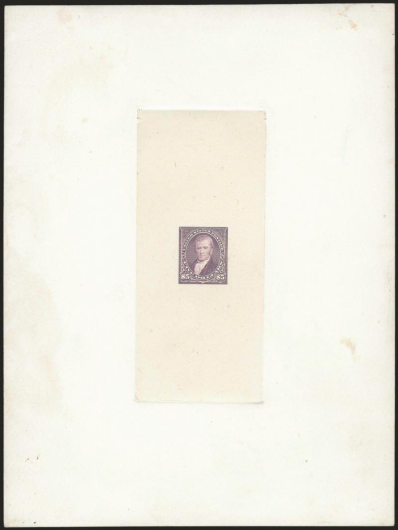$5.00 Dull Violet, Large Die Trial Color Proof on India (263TC1).> On 152 x 202mm card with full die sinkage, trace of albino 63 die no. at bottom, complete strike of red Received Third Asst. P.M. Genl. P.O.D.
Dec. 24, 1897 double-circle datestam