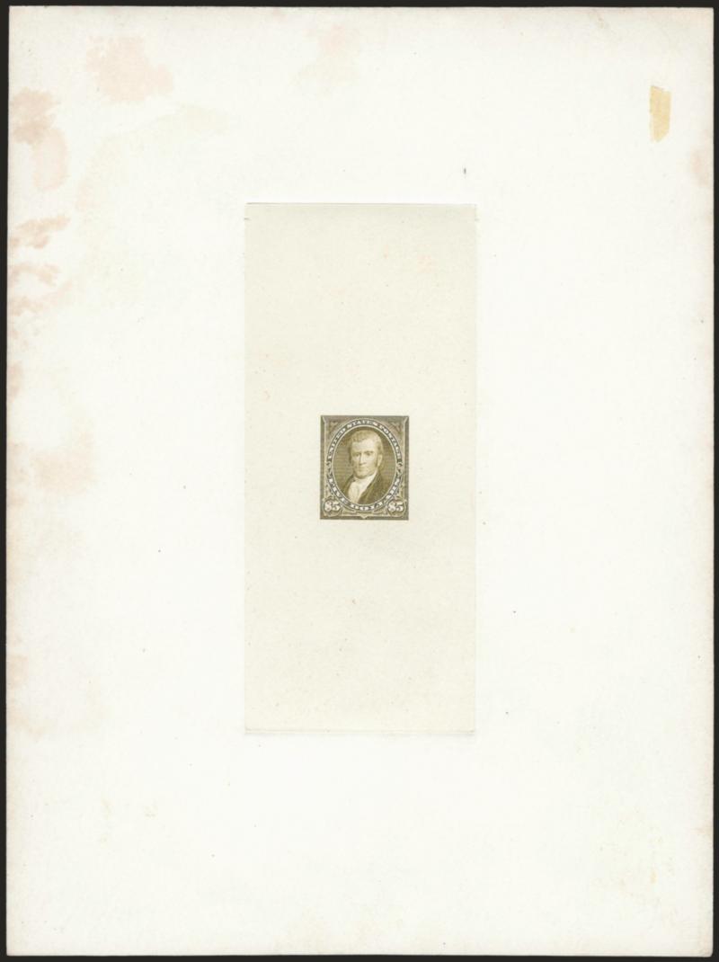 $5.00 Olive Green, Large Die Trial Color Proof on India (263TC1).> On 151 x 202mm card with full die sinkage, trace of albino 63 die no. at bottom, virtually complete strike of red Received Third Asst. P.M.
Genl. P.O.D. Dec. 24, 1897 double-circl