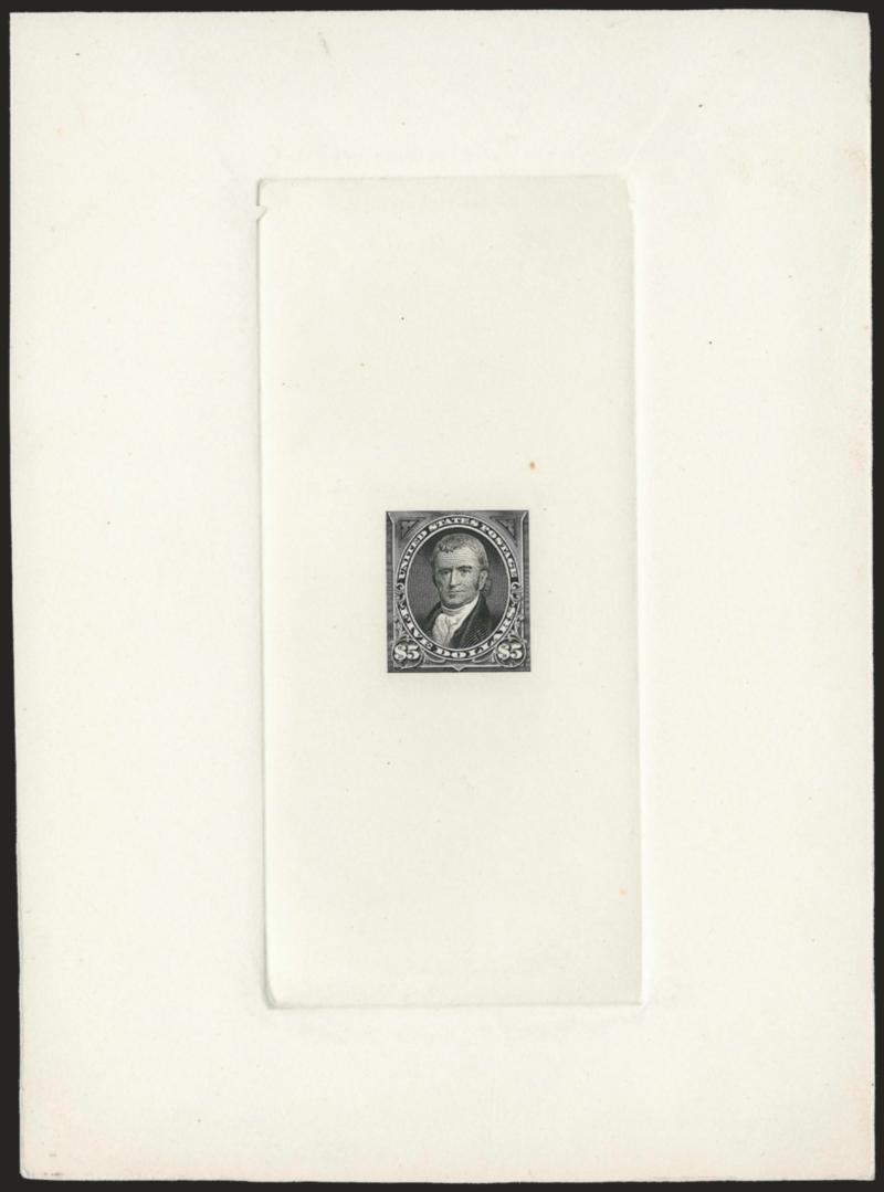 $5.00 Black, Large Die Trial Color Proof Printed Directly on Card (263TC1).> 116 x 159mm with full die sinkage, trace of albino 63 die no. at bottom, Very Fine and choice, scarce, probably from a set prepared on
April 22, 1898, ex Earl of Crawford,