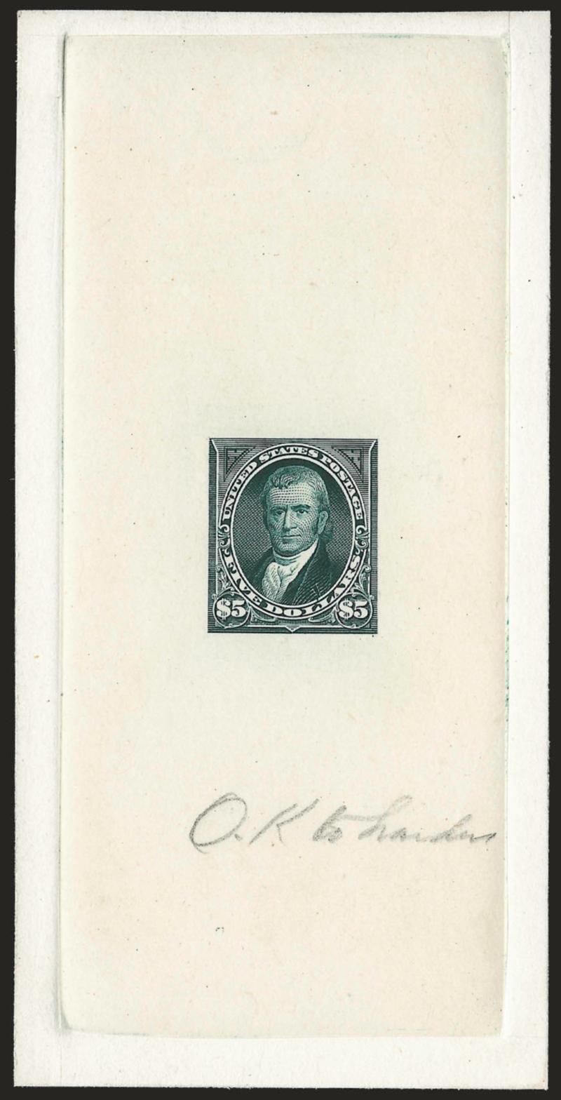 $5.00 Dark Green, Large Die Proof on India (263P1).> On 61 x 122mm card with full die sinkage, beautiful color, pencil <<O.K. to harden>> at bottom, completely lacking any trace of die no. at bottom, Very Fine
and choice, Scott Retail with no premi