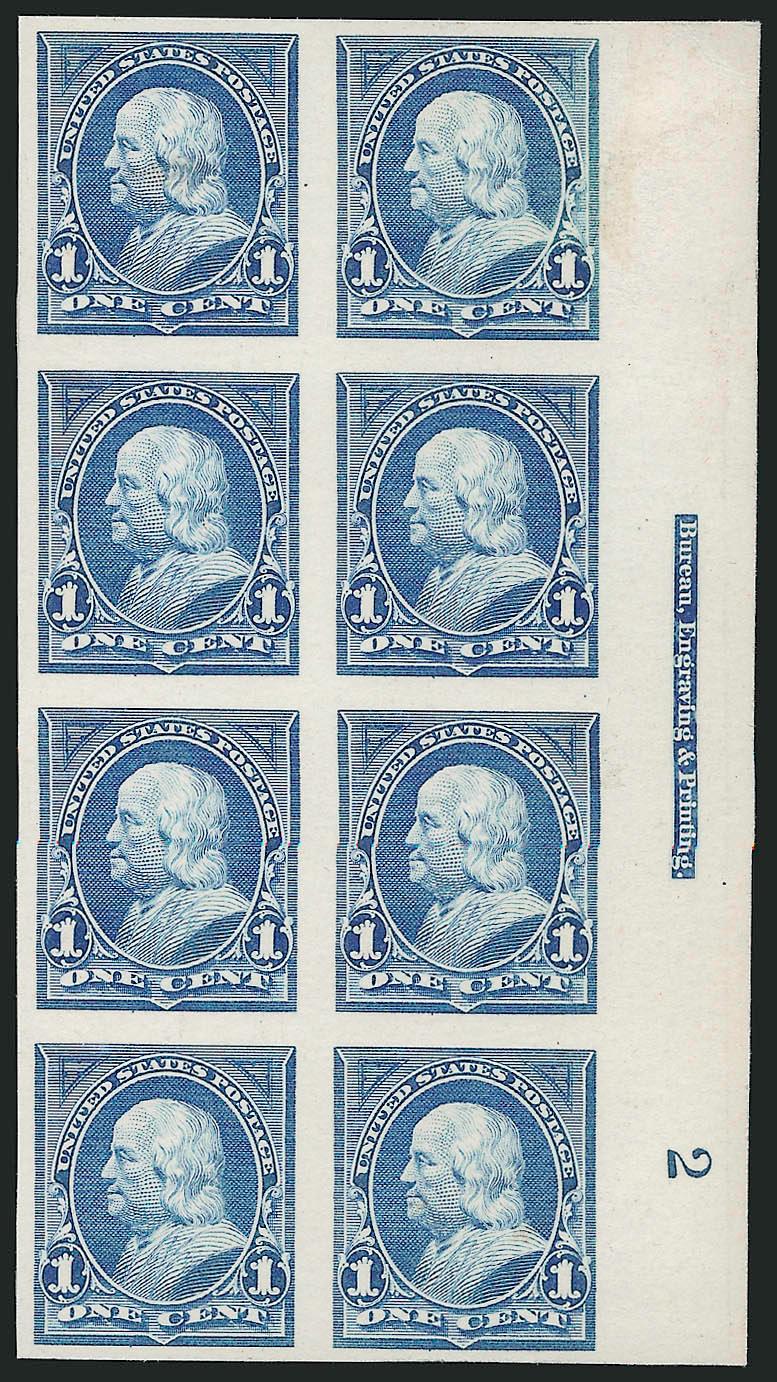 1c Blue, Plate Proof on Card (247P4).> Right imprint and plate no. 2 block of eight, large margins, radiant color, Very Fine and choice, Scott Retail as plate block and two singles