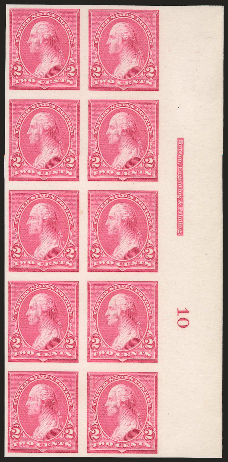 2c Pink, Ty. I, Plate Proof on Card (248P4).> Right imprint and plate no. 10 block of ten, vibrant color, large margins, Very Fine and choice, Scott Retail as plate block and four singles