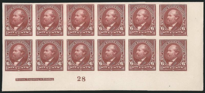 6c Brown, Plate Proof on Card (256P4).> Bottom imprint and plate no. 28 block of twelve with bottom right corner margin, huge margins, brilliant color<><>^VERY FINE AND CHOICE. A VERY RARE PLATE BLOCK OF THE
6-CENT BUREAU ISSUE PLATE PROOF ON CARD.