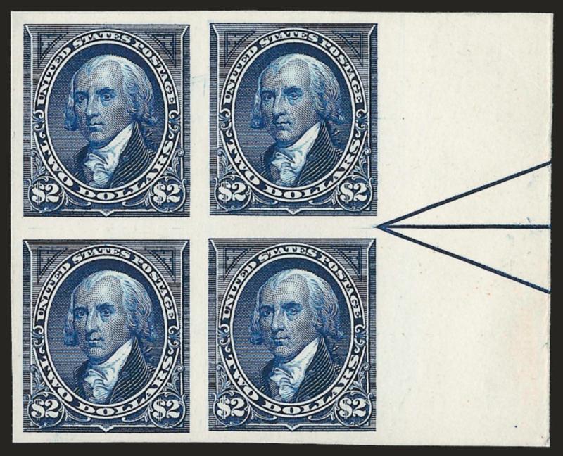 $2.00 Dark Blue, Plate Proof on Card (262P4).> Right arrow block of four, large margins, deep rich color, Very Fine and choice, a beautiful position block